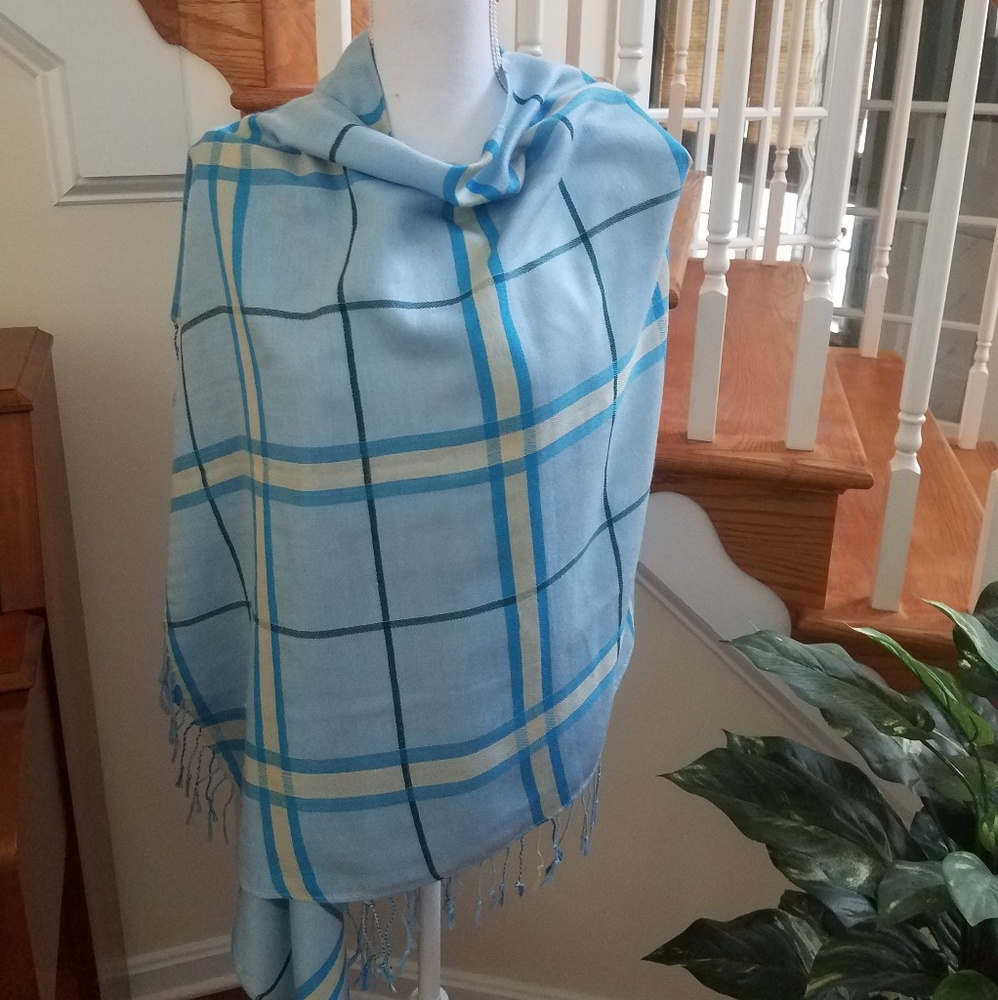 Pashmina cashmere and silk in blue plaid